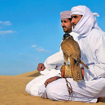 Zwei Arabische Falkner in Traditioneller Kleidung, in der Wüste